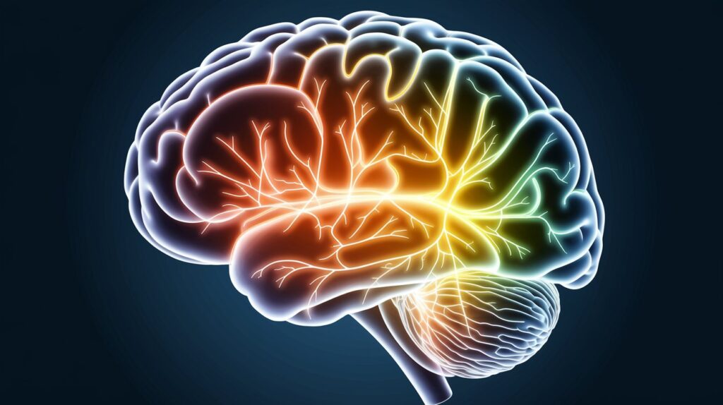 Brain illustration showing neural connections and PTSD impact.