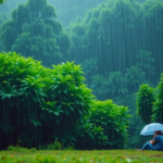 Person under an umbrella in heavy rain