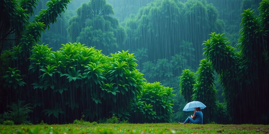 Person under an umbrella in heavy rain