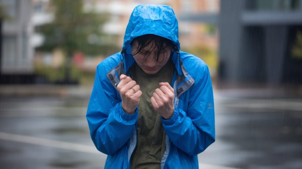 Person with ombrophobia having a panic attack in rain