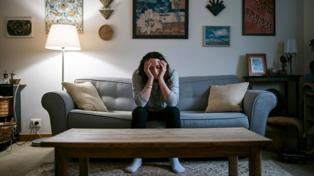 Person sitting on couch, showing PTSD exhaustion