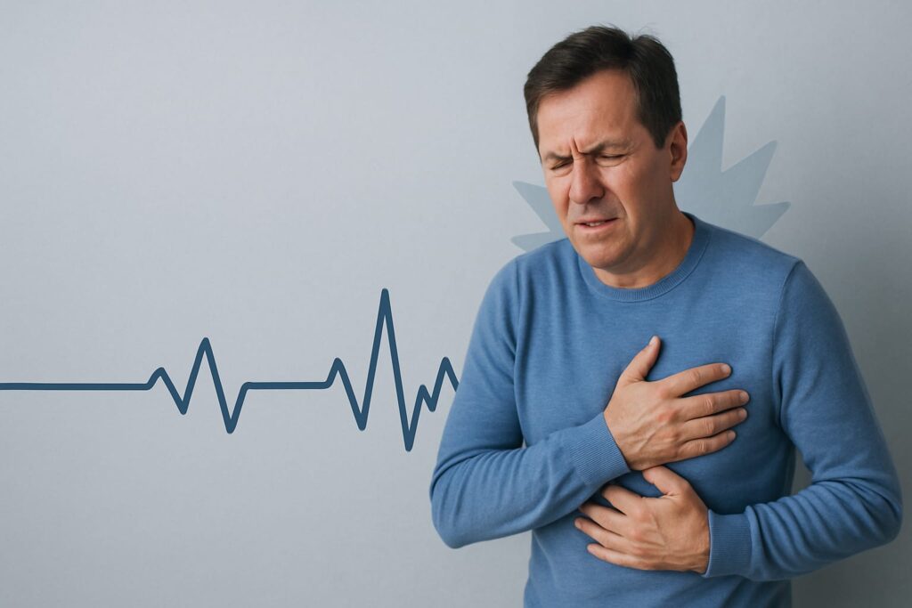 A man experiencing chest pain, illustrating the connection between anxiety and heart-related symptoms.