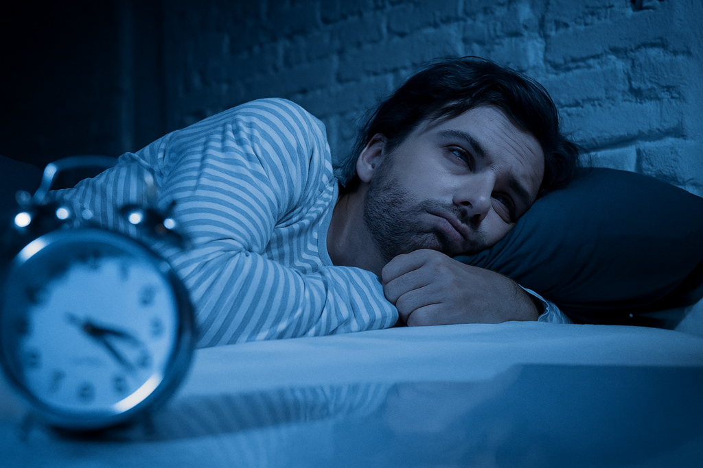 A man lying in bed, looking at an alarm clock, illustrating signs of insomnia and sleep difficulties.
