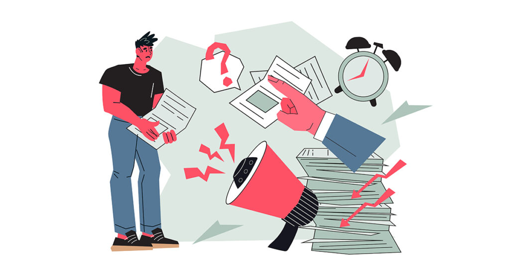 Illustration of a man with a megaphone and a stack of papers, symbolizing communication about high functioning anxiety and treatment.