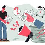 Illustration of a man with a megaphone and a stack of papers, symbolizing communication about high functioning anxiety and treatment.